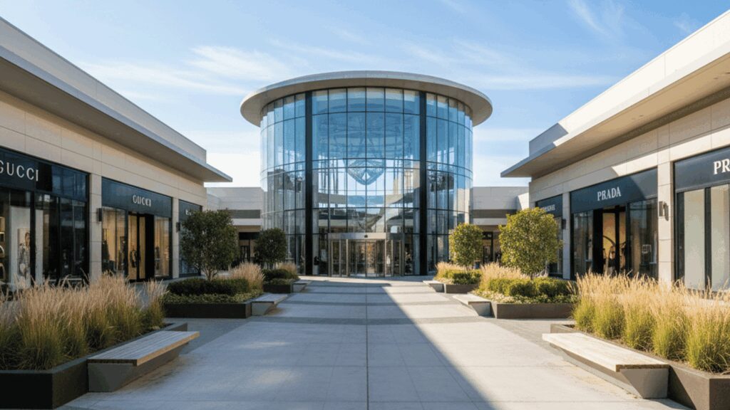 Open-air luxury mall with glass atrium