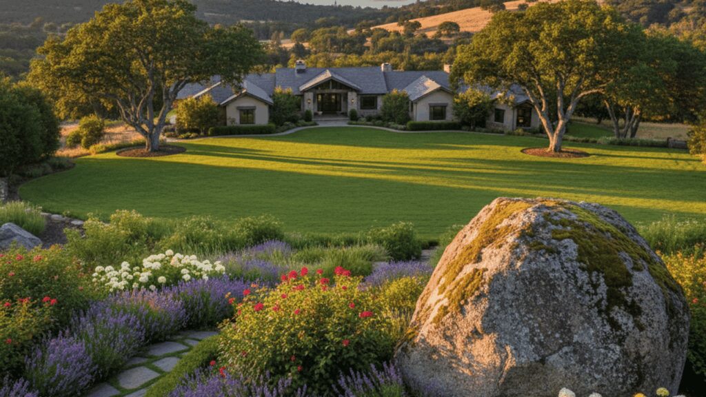 Country estate with manicured lawn and boulder