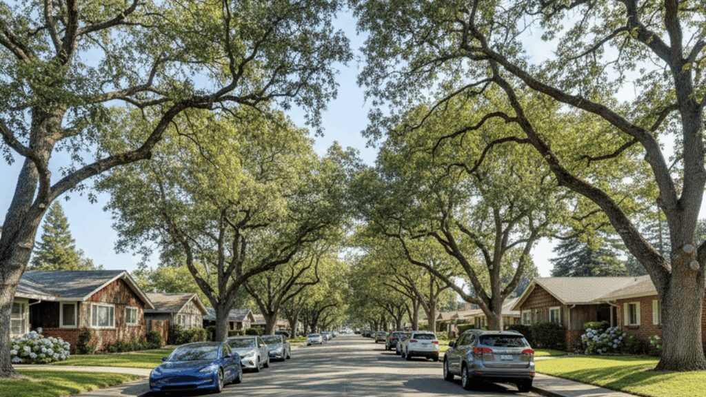 Oak-canopied residential street with parked cars