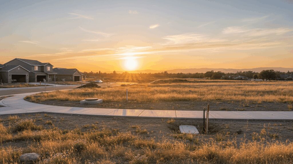 Sunset over vacant suburban lots and road