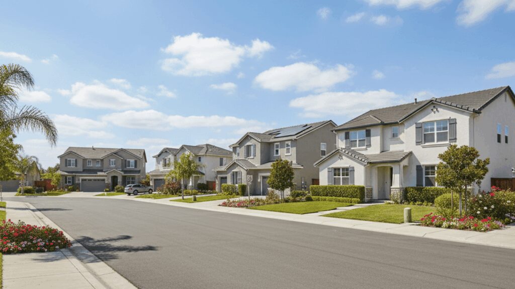 Row of suburban homes on sunny street