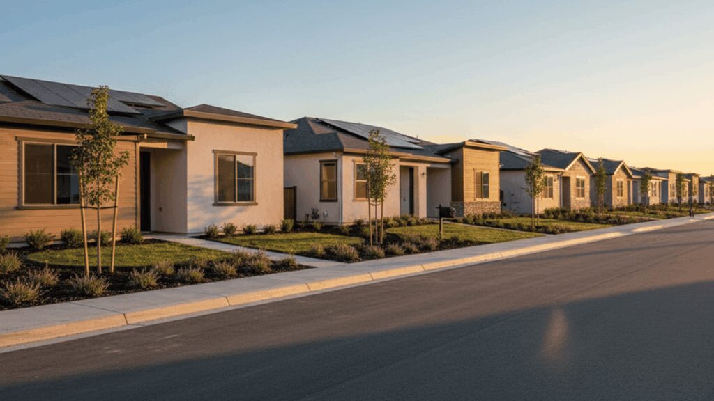 Row of modern suburban homes with solar panels