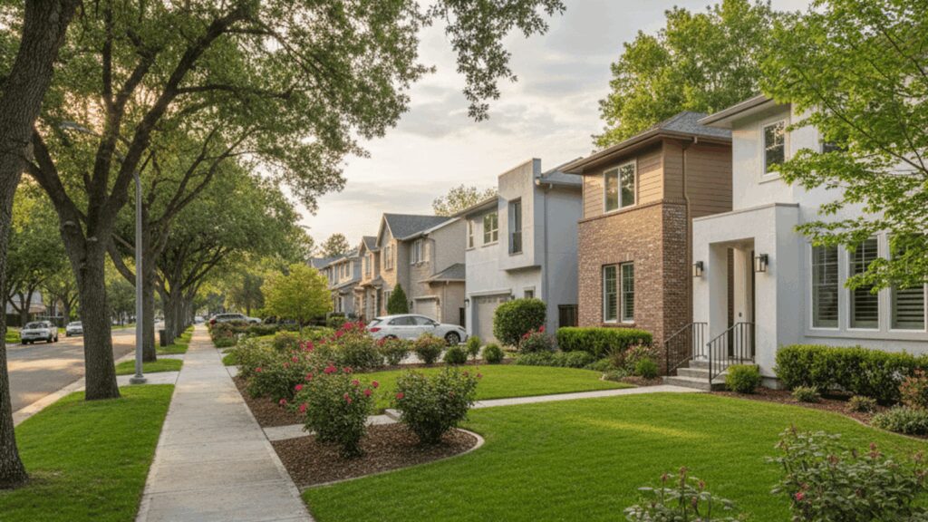 Tree-lined suburban street with modern homes
