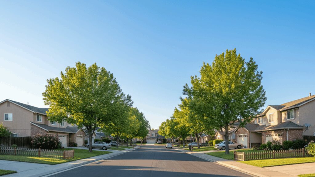 Quiet tree-lined suburban neighborhood street