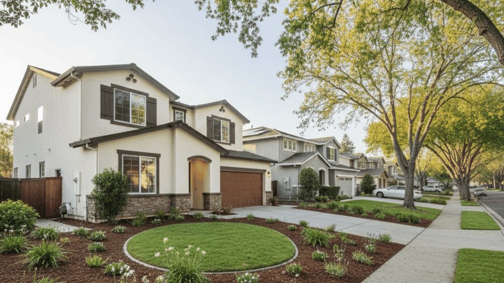 Tree-lined suburban street with modern detached homes