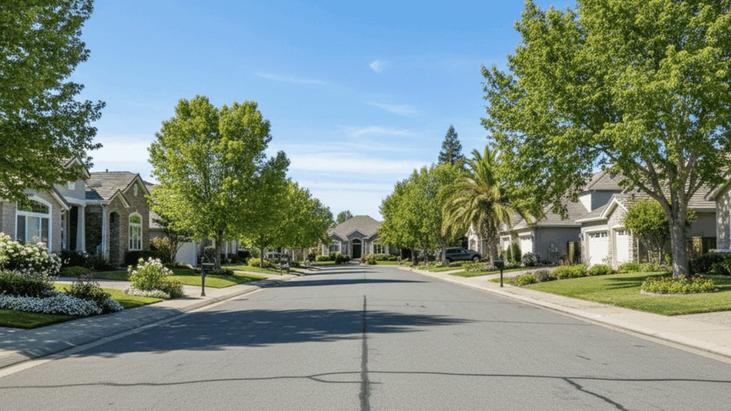 Sunny tree-lined suburban residential street