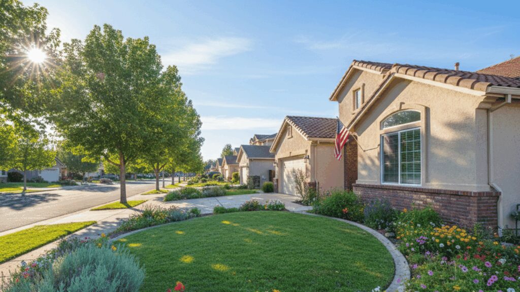 Sunlit suburban homes with manicured lawns