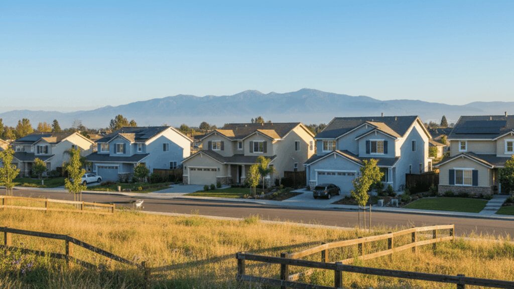 Suburban houses with mountains and wooden fence