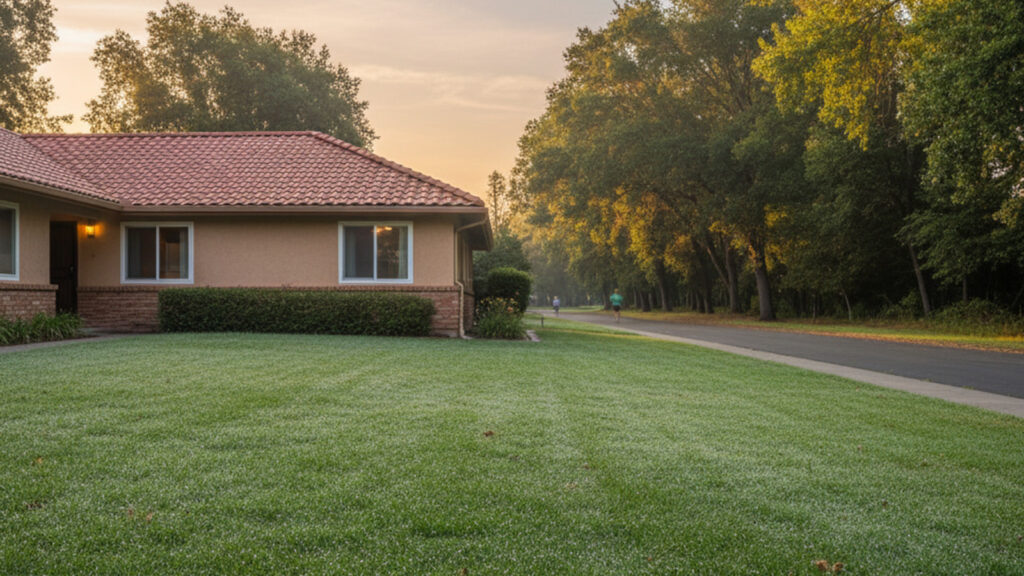Suburban house with manicured lawn at sunrise