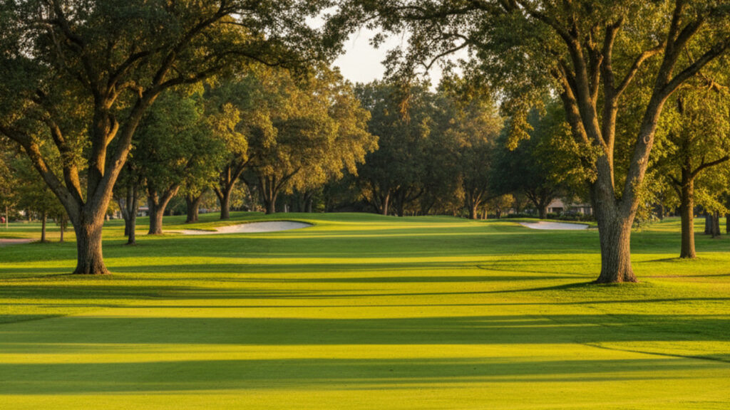 Sunlit tree-lined golf fairway with sand bunkers