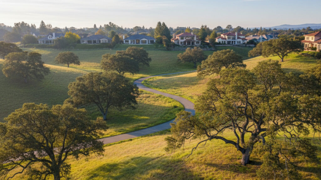 Winding path through oak-studded suburban hills