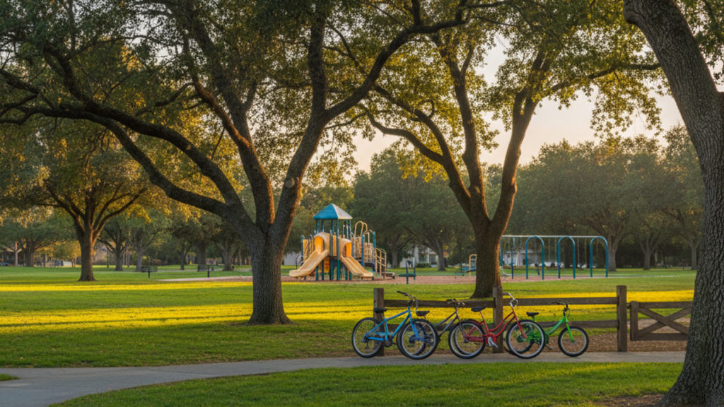 Colorful kids' bikes parked by park playground