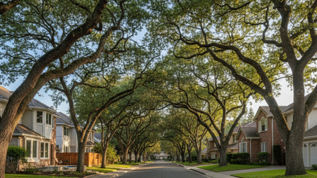 Arching oak canopy over residential street