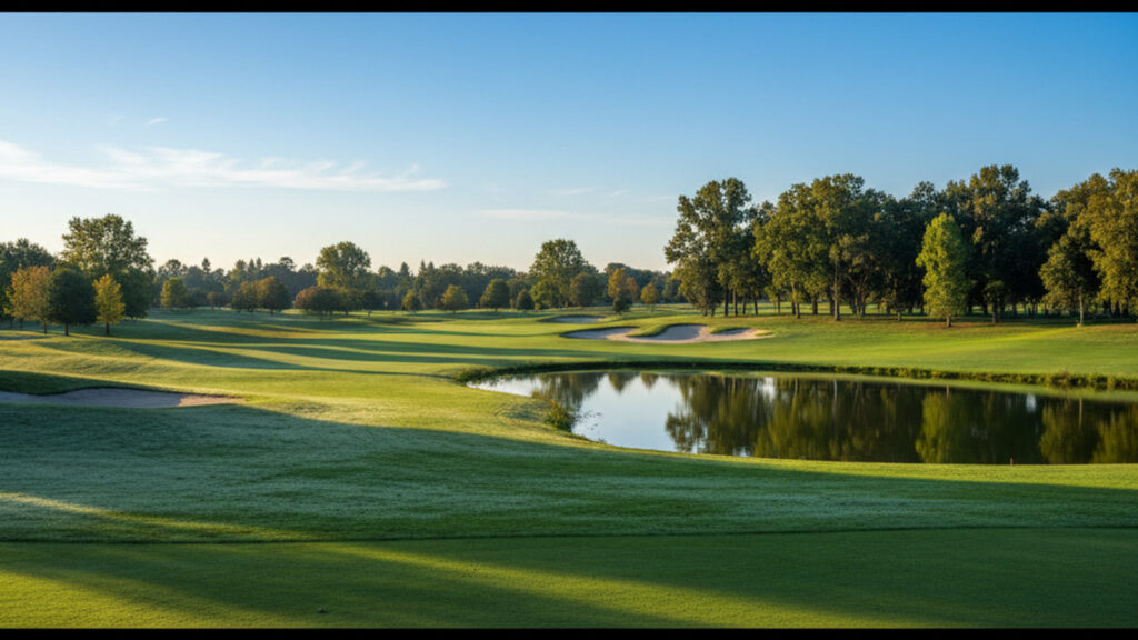 Sunlit golf course with pond and bunkers