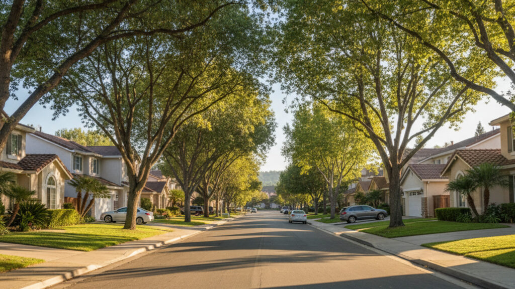 Sunlit tree-lined suburban street with houses