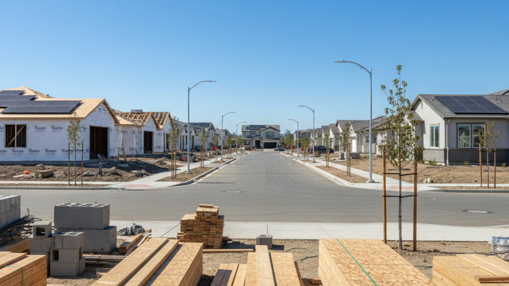 New suburban homes under construction on street