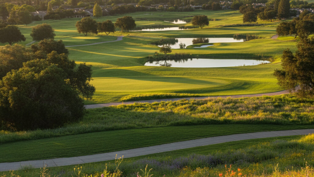 Sunlit rolling golf course with ponds