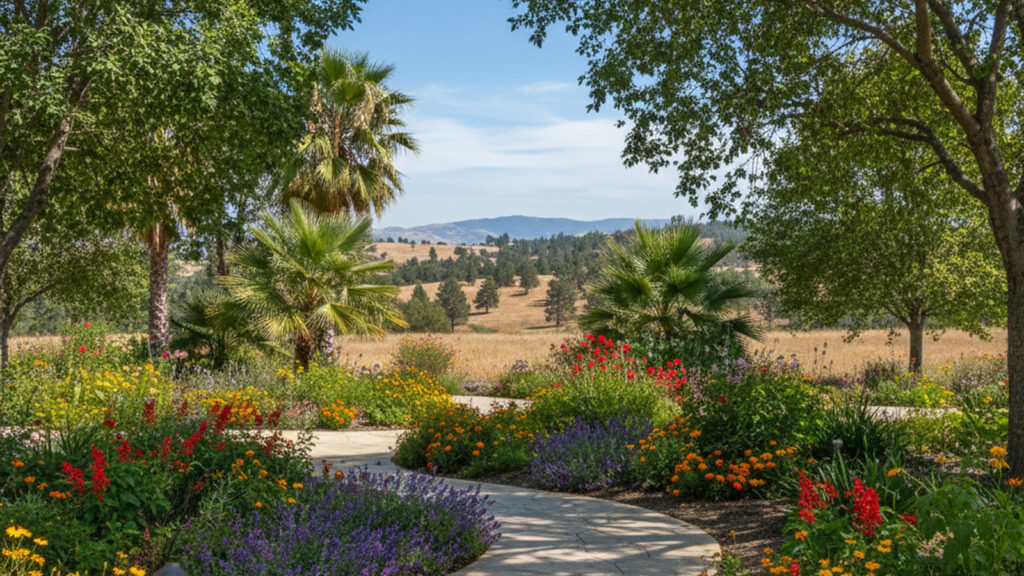 Curved flower-lined path, palms and distant hills