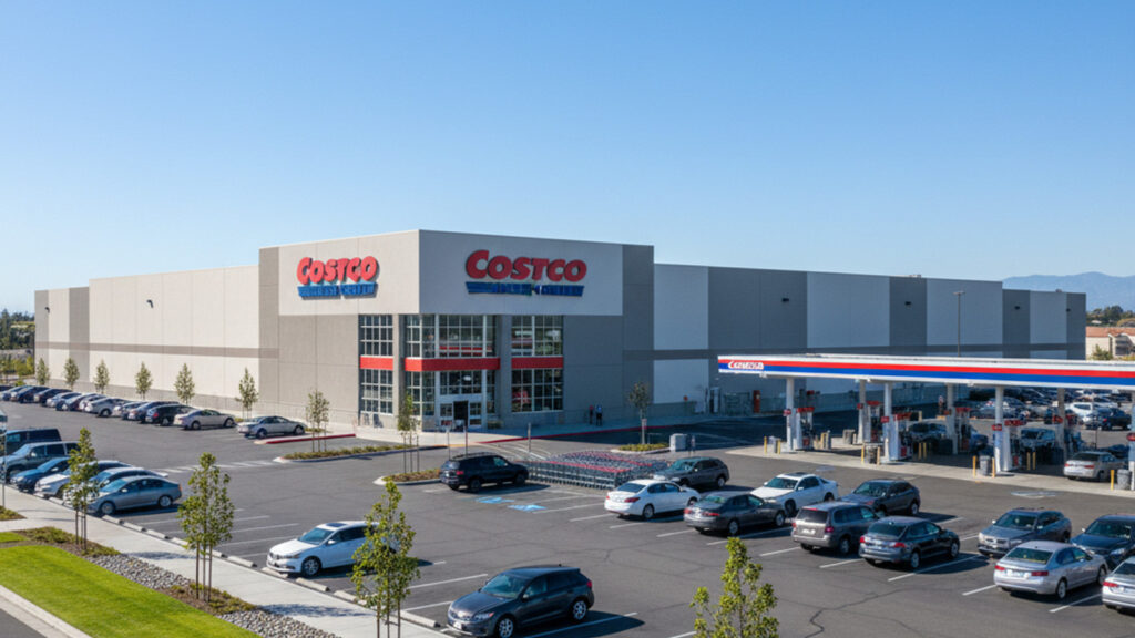 Costco warehouse with parking lot and gas station