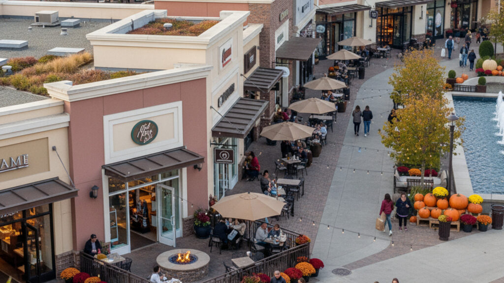 Outdoor mall dining with umbrellas and pumpkins