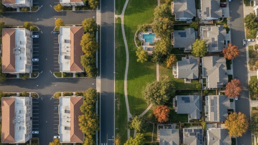 Aerial view of neighborhood with park and pool