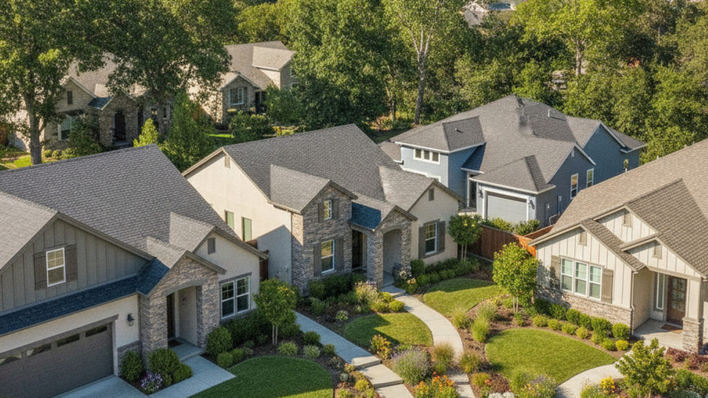 Suburban homes with manicured lawns and sidewalks