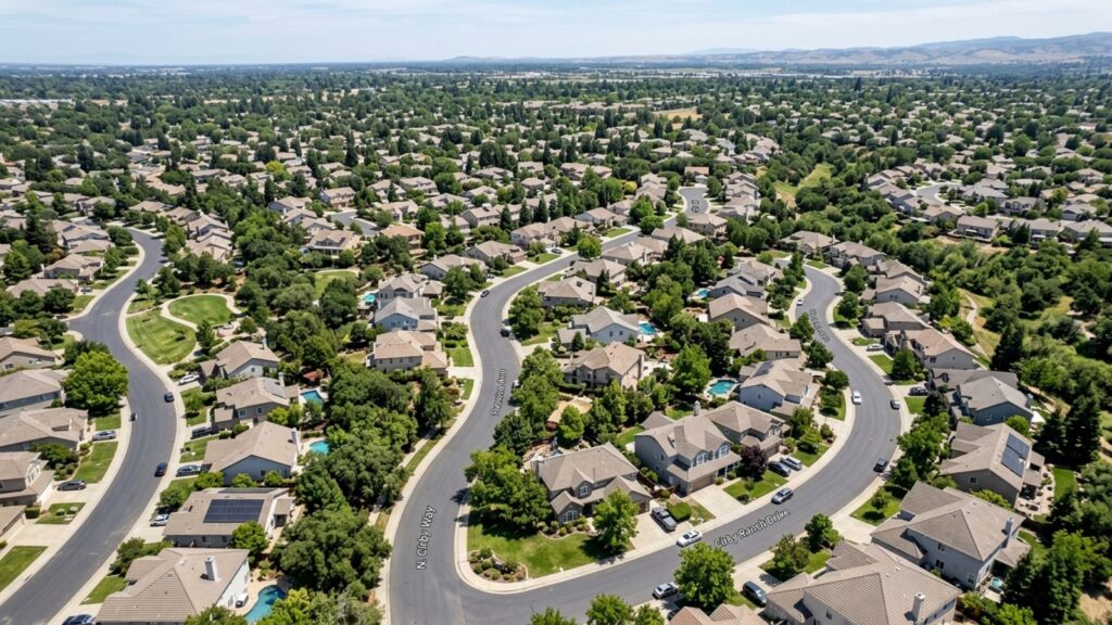 Aerial view of curving suburban streets and homes.