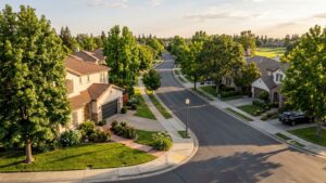 Suburban street with lush green landscaping.
